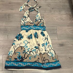 Halter Block Print Sundress in Cream & Teal
